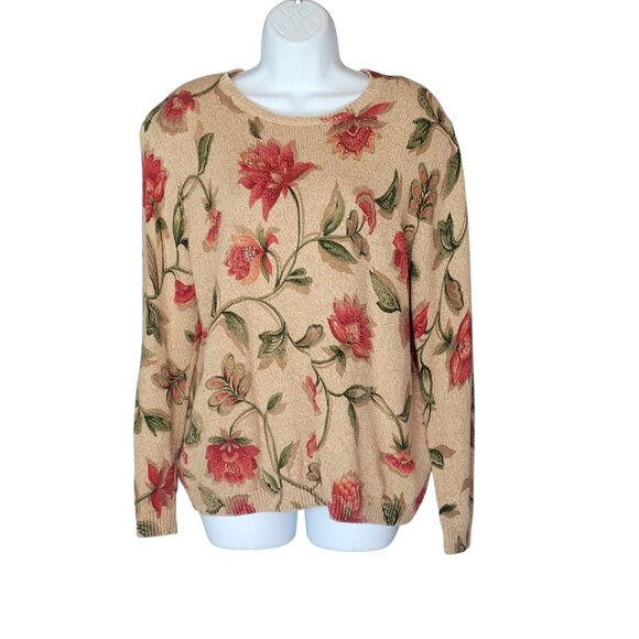 Vintage Alfred Dunner Sweater Top Womens M Beaded Floral Stretch Grandmacore - Picture 2 of 14